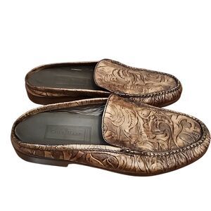 Cole Haan Western Elkins Tooled Brown Leather Slip On Mules Size 8.5 AA